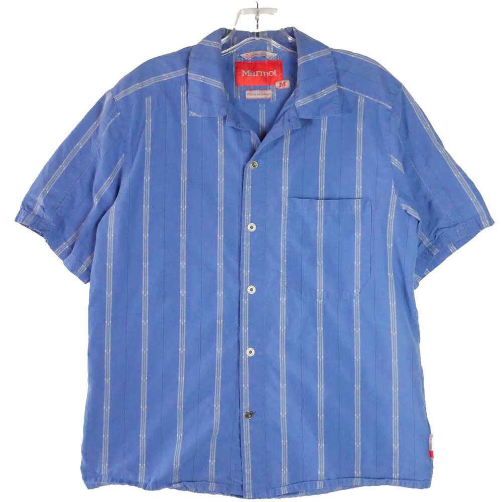 Marmot Shirt Mens Size M Blue Vertical Striped Short Sleeve Pocket Button Up